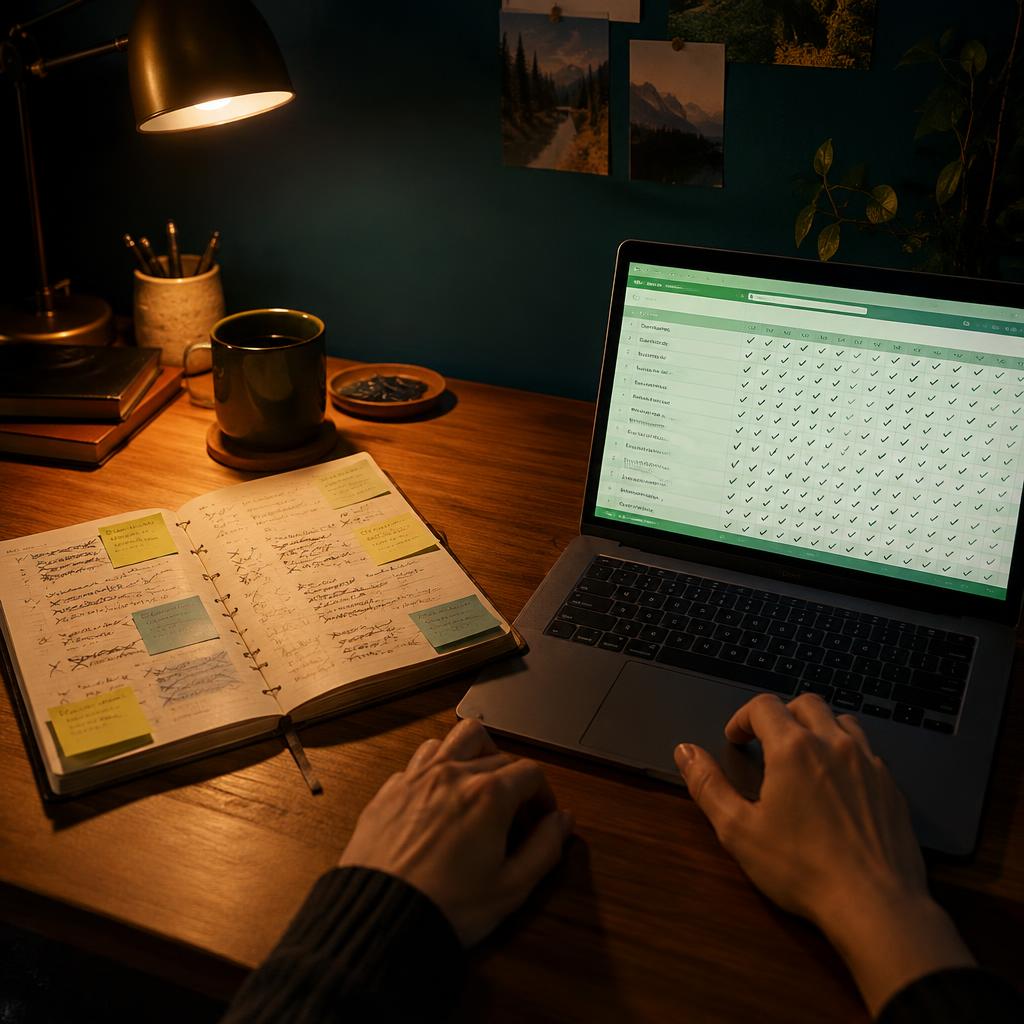 Planificador abandonado junto a una laptop con un registro de hábitos en Excel